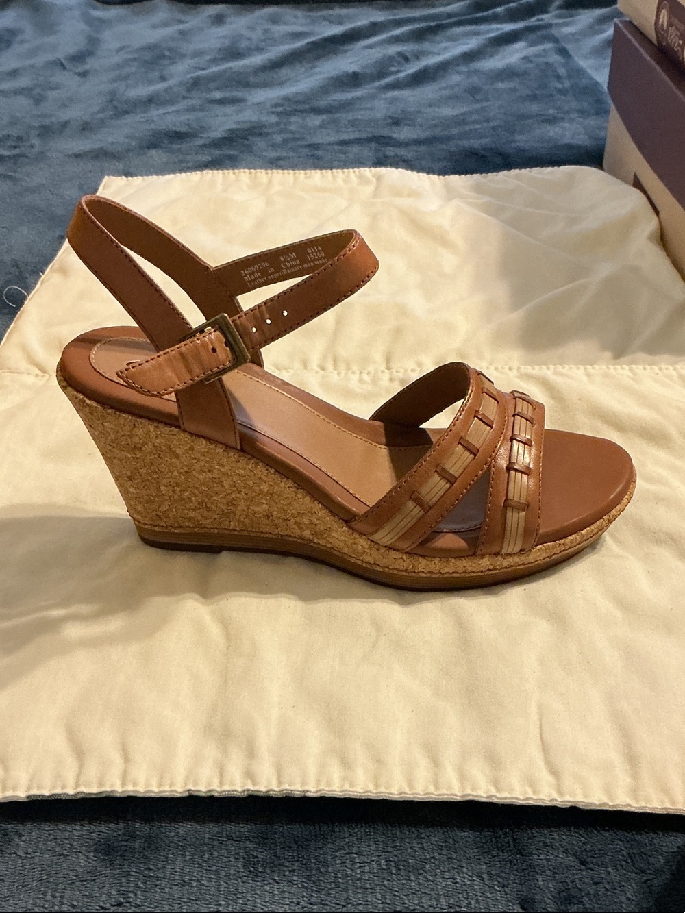 Clarks Brown Leather Cork Wedge Sandals with Ankle Strap